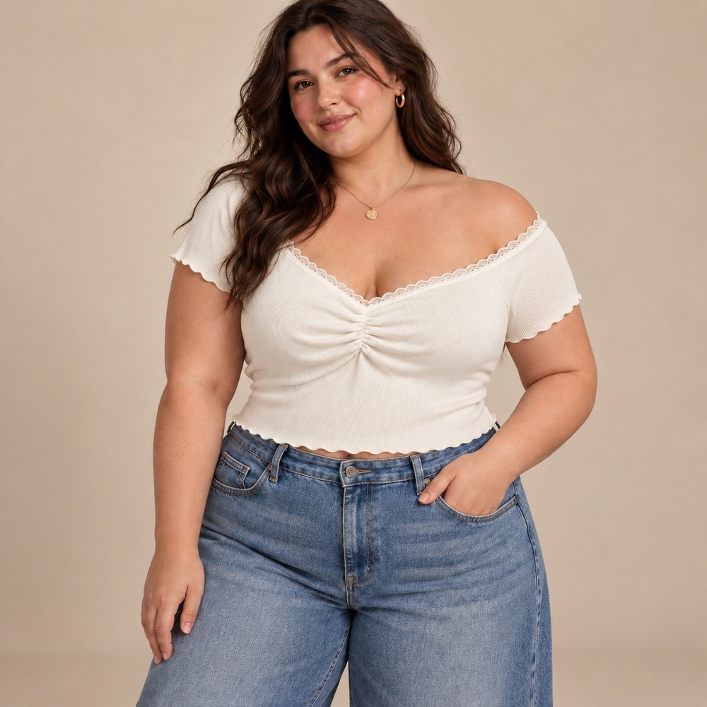 Cider White Ribbed Lace Trim Sweetheart Neck Short Sleeve Top 4XL